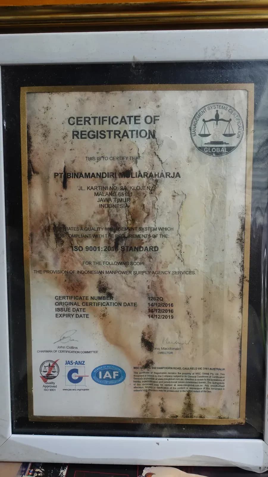 Receiving the ISO 9001:2008 certificate in 2009